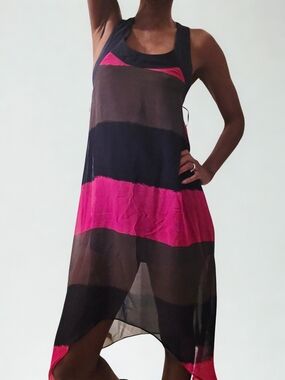 Sheer Striped Pink and Black Sleeveless Dress Size: USA 4
